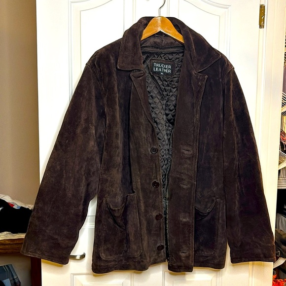 Very good condition TRUCKER LEATHER brand chocolate brown suede jacket men’s XL - Picture 1 of 14